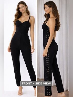Bebe x Naven Black Bustier Side Lace Up Concert London Club Jumpsuit Size 4